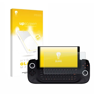 Face avant d’un emballage produit avec le logo de la marque upscreen. À côté, l’appareil Ayaneo Slide est représenté avec la p