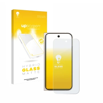 Face avant d’un emballage produit avec le logo de la marque upscreen. À côté, l’appareil Google Pixel 9 Pro Fold est représent