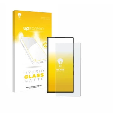 Face avant d’un emballage produit avec le logo de la marque upscreen. À côté, l’appareil ZTE Nubia Red Magic 9S Pro est représ