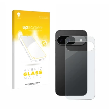 Face avant d’un emballage produit avec le logo de la marque upscreen. À côté, l’appareil Google Pixel 9 (Arrière) est représen