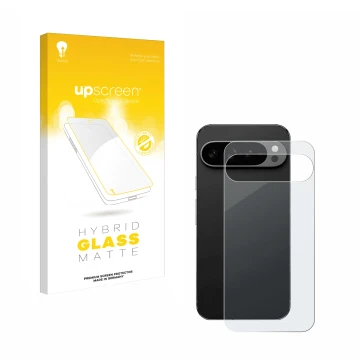 Face avant d’un emballage produit avec le logo de la marque upscreen. À côté, l’appareil Google Pixel 9 Pro XL (Arrière) est r