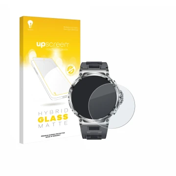 Face avant d’un emballage produit avec le logo de la marque upscreen. À côté, l’appareil Smartwatch V69 1.85