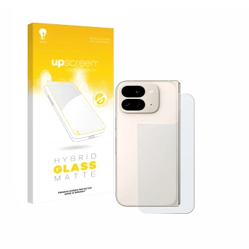Face avant d’un emballage produit avec le logo de la marque upscreen. À côté, l’appareil Google Pixel 9 Pro Fold (Arrière) est