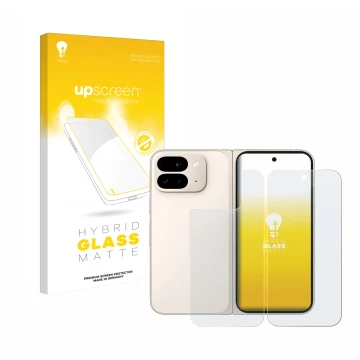 Face avant d’un emballage produit avec le logo de la marque upscreen. À côté, l’appareil Google Pixel 9 Pro Fold (Avant+Arrièr