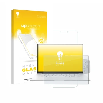 Face avant d’un emballage produit avec le logo de la marque upscreen. À côté, l’appareil ASUS ZenBook S 16 est représenté avec