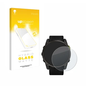 Face avant d’un emballage produit avec le logo de la marque upscreen. À côté, l’appareil Garmin Enduro 3 est représenté avec l