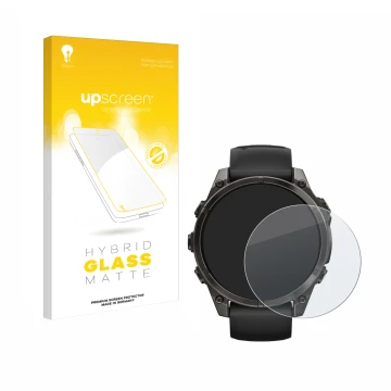 Face avant d’un emballage produit avec le logo de la marque upscreen. À côté, l’appareil Garmin Fenix 8 AMOLED (47 mm) est rep