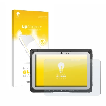 Face avant d’un emballage produit avec le logo de la marque upscreen. À côté, l’appareil Panasonic Toughbook CF-20 MK2 est rep