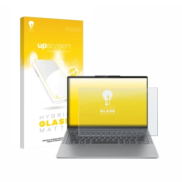 Face avant d’un emballage produit avec le logo de la marque upscreen. À côté, l’appareil Lenovo IdeaPad Pro 5 14AHP9 est repré