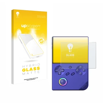 Face avant d’un emballage produit avec le logo de la marque upscreen. À côté, l’appareil Anbernic RG40XXV est représenté avec 