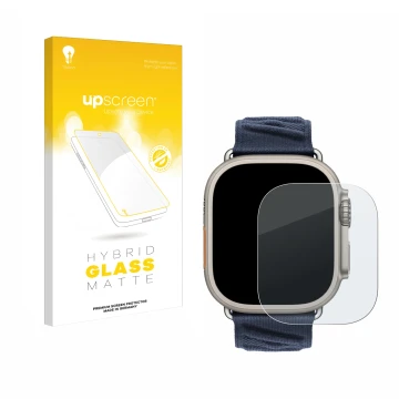 Face avant d’un emballage produit avec le logo de la marque upscreen. À côté, l’appareil Apple Watch Hermès Ultra 2 est représ