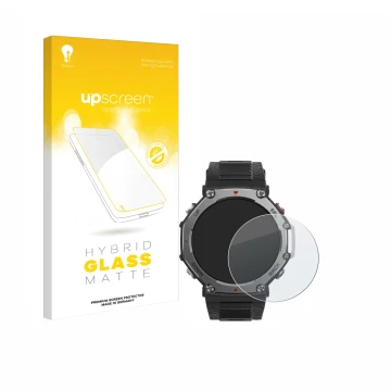 Face avant d’un emballage produit avec le logo de la marque upscreen. À côté, l’appareil Huami Amazfit T-Rex 3 est représenté 