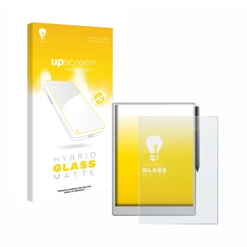 Face avant d’un emballage produit avec le logo de la marque upscreen. À côté, l’appareil reMarkable Paper Pro est représenté a