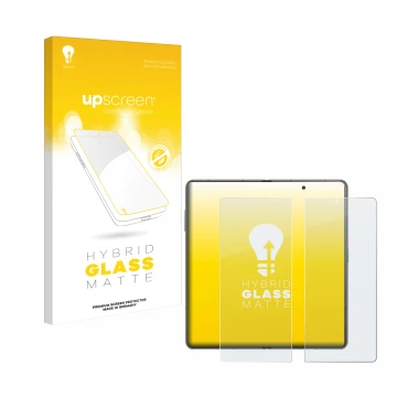 Face avant d’un emballage produit avec le logo de la marque upscreen. À côté, l’appareil Honor Magic V3 (inneres Display) est 