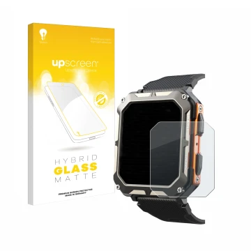 Face avant d’un emballage produit avec le logo de la marque upscreen. À côté, l’appareil Findtime Smartwatch 1.83