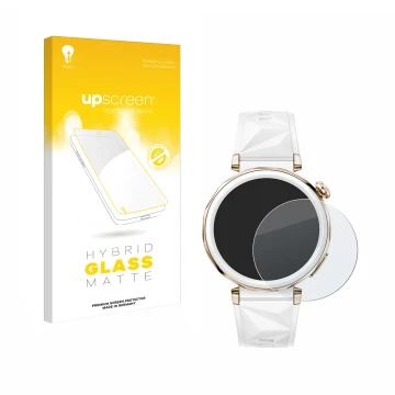 Face avant d’un emballage produit avec le logo de la marque upscreen. À côté, l’appareil Huawei Watch GT 5 Pro (42 mm) est rep