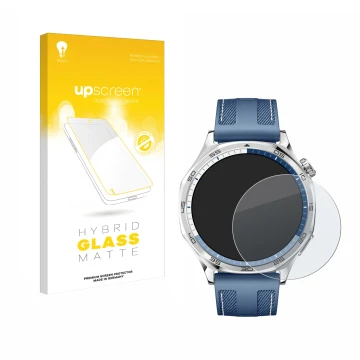 Face avant d’un emballage produit avec le logo de la marque upscreen. À côté, l’appareil Huawei Watch GT 5 (46 mm) est représe