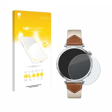 Face avant d’un emballage produit avec le logo de la marque upscreen. À côté, l’appareil Huawei Watch GT 5 (41 mm) est représe