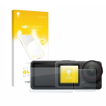 Face avant d’un emballage produit avec le logo de la marque upscreen. À côté, l’appareil DJI Osmo Action 5 Pro est représenté 