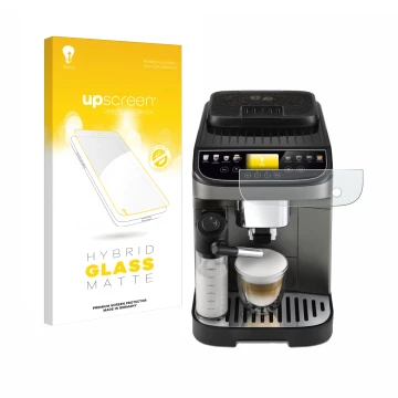 Face avant d’un emballage produit avec le logo de la marque upscreen. À côté, l’appareil DeLonghi Magnifica Evo Next est repré
