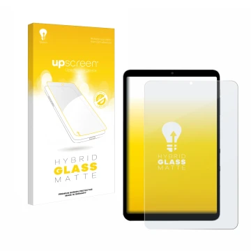 Face avant d’un emballage produit avec le logo de la marque upscreen. À côté, l’appareil Alldocube iPlay 60 mini Turbo est rep