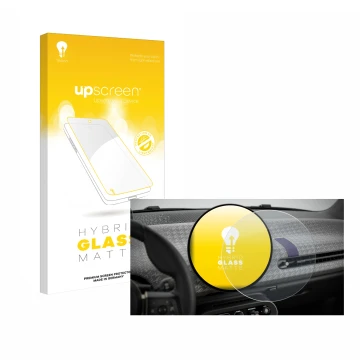 Face avant d’un emballage produit avec le logo de la marque upscreen. À côté, l’appareil Mini Cooper Electric BJ 2024 est repr
