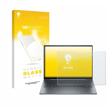 Face avant d’un emballage produit avec le logo de la marque upscreen. À côté, l’appareil HP Dragonfly 13.5