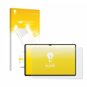 Face avant d’un emballage produit avec le logo de la marque upscreen. À côté, l’appareil Samsung Galaxy Tab S10 Ultra WiFi est