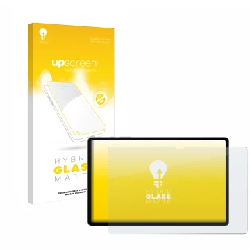 Face avant d’un emballage produit avec le logo de la marque upscreen. À côté, l’appareil Samsung Galaxy Tab S10 Plus 5G est re