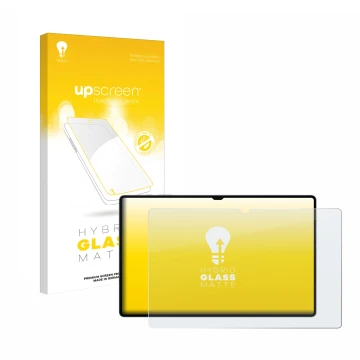 Face avant d’un emballage produit avec le logo de la marque upscreen. À côté, l’appareil Samsung Galaxy Tab S10 Ultra 5G est r