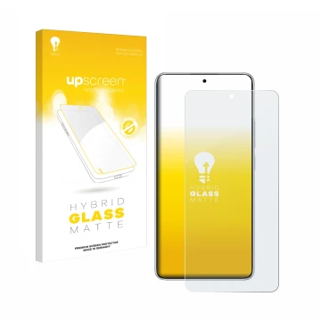 Face avant d’un emballage produit avec le logo de la marque upscreen. À côté, l’appareil Xiaomi Redmi Note 14 est représenté a