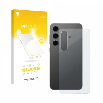 Face avant d’un emballage produit avec le logo de la marque upscreen. À côté, l’appareil Samsung Galaxy S24 FE (Arrière) est r