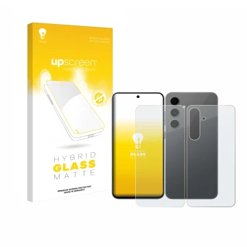 Face avant d’un emballage produit avec le logo de la marque upscreen. À côté, l’appareil Samsung Galaxy S24 FE (Avant+Arrière)