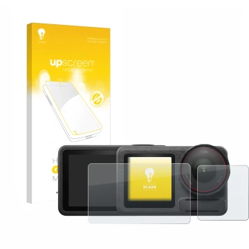 Face avant d’un emballage produit avec le logo de la marque upscreen. À côté, l’appareil DJI Osmo Action 5 Pro (case-friendly)