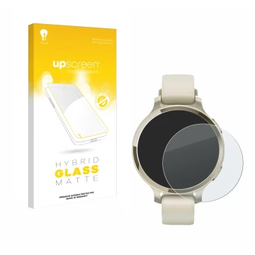 Face avant d’un emballage produit avec le logo de la marque upscreen. À côté, l’appareil Garmin Lily 2 Active est représenté a