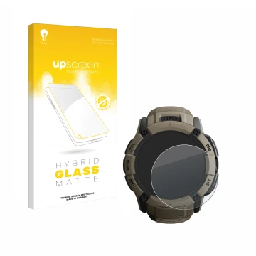 Face avant d’un emballage produit avec le logo de la marque upscreen. À côté, l’appareil Garmin Instinct 2X Solar Tactical Edi