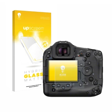 Face avant d’un emballage produit avec le logo de la marque upscreen. À côté, l’appareil Canon EOS R1 est représenté avec la p