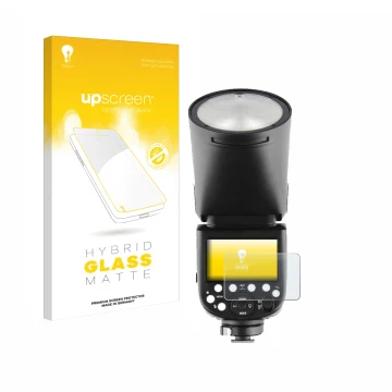 Face avant d’un emballage produit avec le logo de la marque upscreen. À côté, l’appareil Godox TT685 II est représenté avec la