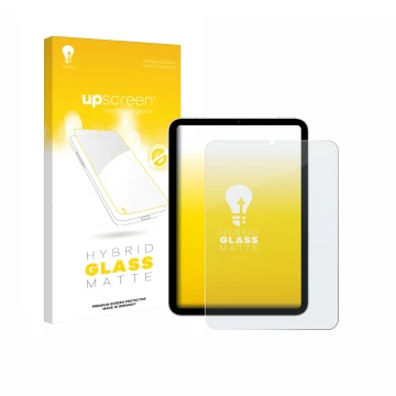 Face avant d’un emballage produit avec le logo de la marque upscreen. À côté, l’appareil Apple iPad Mini 7 2024 est représenté