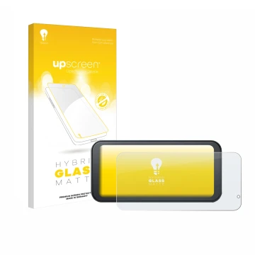 Face avant d’un emballage produit avec le logo de la marque upscreen. À côté, l’appareil Lamto Motorrad Carplay 6.25