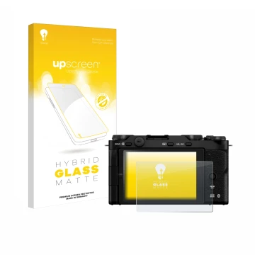 Face avant d’un emballage produit avec le logo de la marque upscreen. À côté, l’appareil Fujifilm X-M5 est représenté avec la 