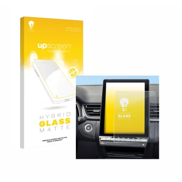 Face avant d’un emballage produit avec le logo de la marque upscreen. À côté, l’appareil Renault Symbioz 2024 est représenté a