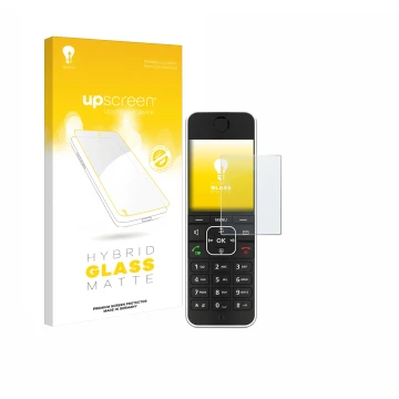 Face avant d’un emballage produit avec le logo de la marque upscreen. À côté, l’appareil AVM Fritz!Fon C6 Black est représenté