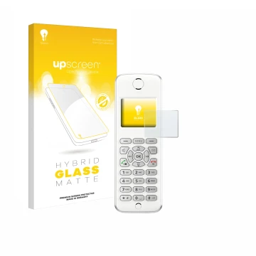 Face avant d’un emballage produit avec le logo de la marque upscreen. À côté, l’appareil AVM Fritz!Fon M2 est représenté avec 