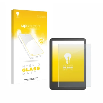 Face avant d’un emballage produit avec le logo de la marque upscreen. À côté, l’appareil Amazon Kindle 2024 est représenté ave