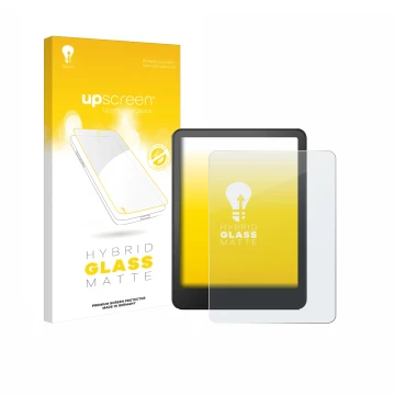 Face avant d’un emballage produit avec le logo de la marque upscreen. À côté, l’appareil Amazon Kindle Colorsoft Signature Edi