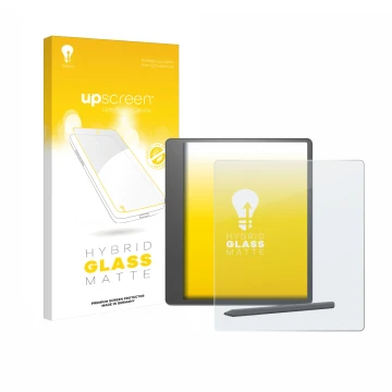 Face avant d’un emballage produit avec le logo de la marque upscreen. À côté, l’appareil Amazon Kindle Scribe 2024 est représe