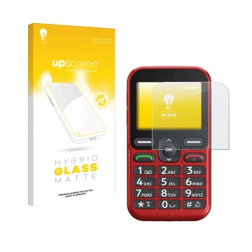 Face avant d’un emballage produit avec le logo de la marque upscreen. À côté, l’appareil Doro Leva L10 est représenté avec la 