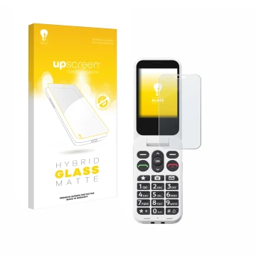 Face avant d’un emballage produit avec le logo de la marque upscreen. À côté, l’appareil Doro Leva L20 est représenté avec la 