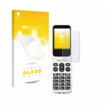 Face avant d’un emballage produit avec le logo de la marque upscreen. À côté, l’appareil Doro Leva L30 est représenté avec la 
